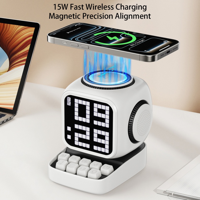 بلندگوی استریو بی‌سیم سه کاره با توان 10 وات و کیفیت بالا برای پخش موسیقی، شارژر بی‌سیم 15 وات و ساعت زنگ‌دار