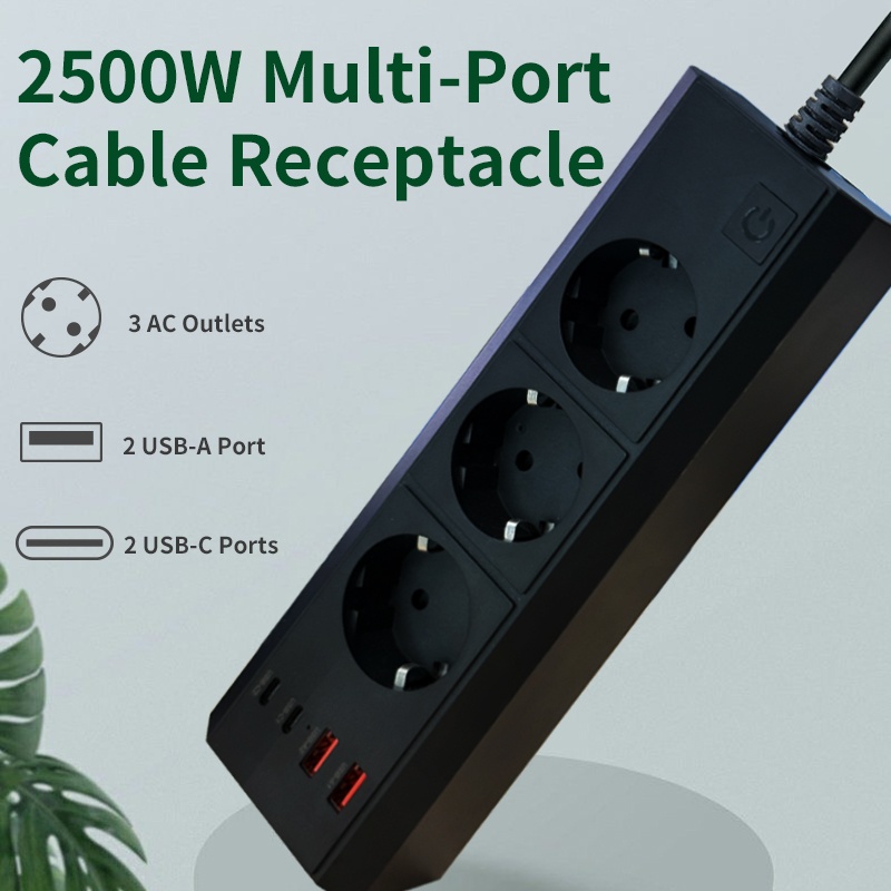 EU Standard 3-Outlet Power Strip 5 Ft Cable Length Extension Board Switches with Usb Port