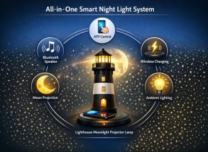 APP-Controlled LED Moonlight Lighthouse Projector Night Light with Wireless Charger