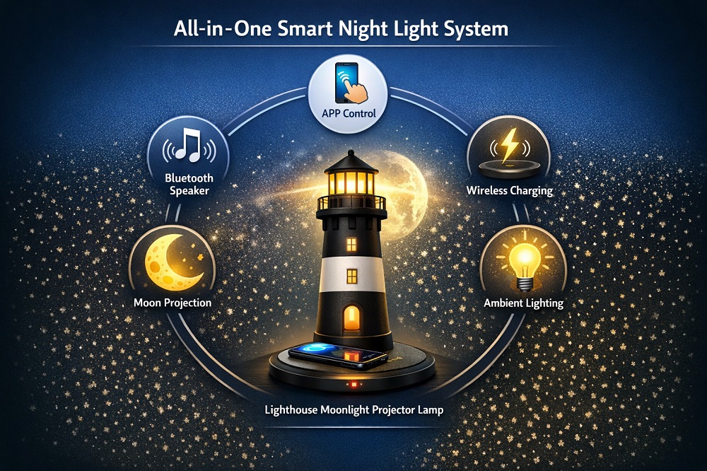APP-Controlled LED Moonlight Lighthouse Projector Night Light with Wireless Charger APP-Controlled LED Moonlight Lighthouse Projector Night Light with Wireless Charger